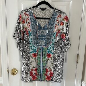 John Mark Floral and Geometric Blouse - Red, Blue, Black
